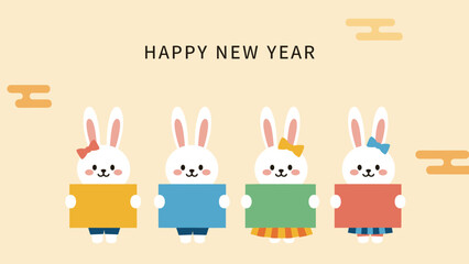 Four adorable white rabbits hold colorful blank signs under a happy new year message decorated with traditional clouds and shapes.