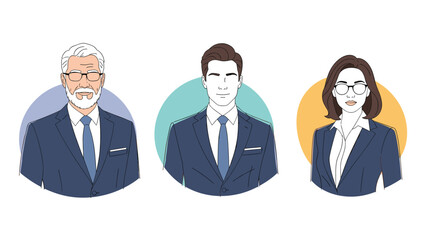 Three diverse business professionals including an experienced man and a young woman are featured in modern circular profile icons.