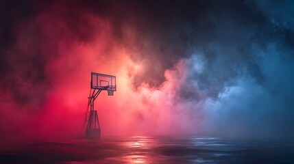 Surreal, atmospheric basketball hoop shrouded in red and blue-lit fog on a wet, reflective court