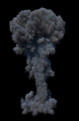 Isolated massive dense smoke plume billowing upwards likely representing the end of a Nuke explosion on a black background