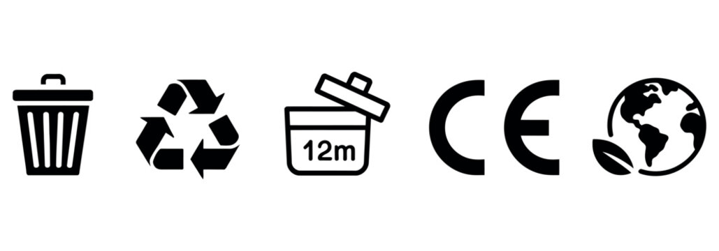 Common product and environmental compliance symbols for responsible usage and disposal.