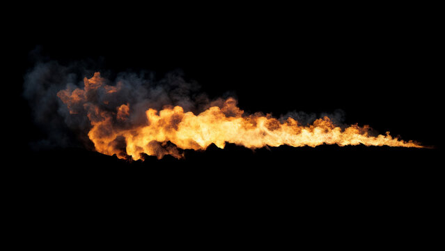Isolated long fiery trail of fire and smoke like a high-speed flame thrower on a black background