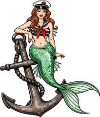 Nautical Pin-up Mermaid Leaning on Anchor