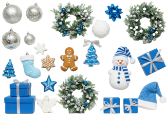 Festive Christmas decorations: silver, blue, gingerbread man, snowman, gifts, wreath, candy cane, hat on transparent studio background, copy space. Elegant holiday celebration atmosphere