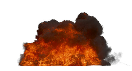 Massive Oil Fire with dark and dense Smoke billowing upwards with Intense Flames showing big Combustion event on a white Background