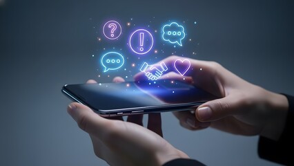 Woman hand holding smartphone with holographic neon social media icons. Online communication, networking on mobile app.