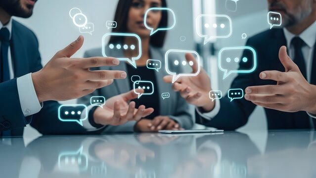 Two men and a woman in business attire discussing ideas, surrounded by glowing speech bubbles. Conversation and collaboration concept for business communication. - Powered by Adobe