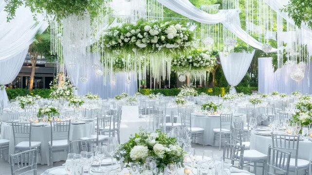 Elegant Wedding Reception: A stunning, meticulously arranged wedding reception scene with soft drapes and floral arrangements, ready for celebration. 