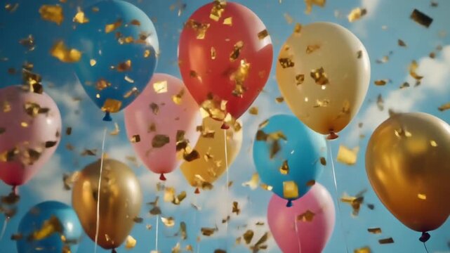 Colorful balloons and golden confetti in blue sky　青空に舞うカラフルな風船と金の紙吹雪