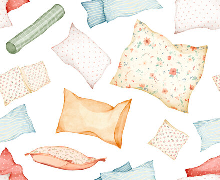 Watercolor hand drawn seamless pattern with cozy pillows, blanket, soft plaid isolated on white background. Comfort relaxation. Stacks of bedding, autumn style, warm home atmosphere, rustic design