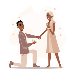 A happy young man proposes to a beautiful woman while kneeling. Valentine's Day. Vector illustration of a loving couple.