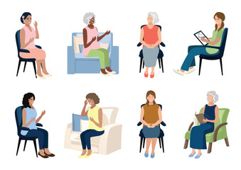 A set of women of different races and ages sitting in armchairs. People are sitting, relaxing, working, and chatting. Vector illustrations on a white background.