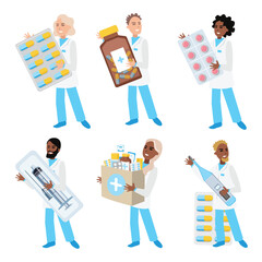 A set of cheerful doctors holding medications. Pharmacist's Day. Ordering medications from a pharmacy via a smartphone app and on a website. Vector illustration.