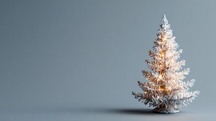 Miniature frosted pine tree with glowing lights, set against a muted blue-gray background