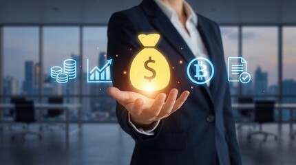 Business person holding glowing digital icons of money bag, bitcoin, financial graph and document