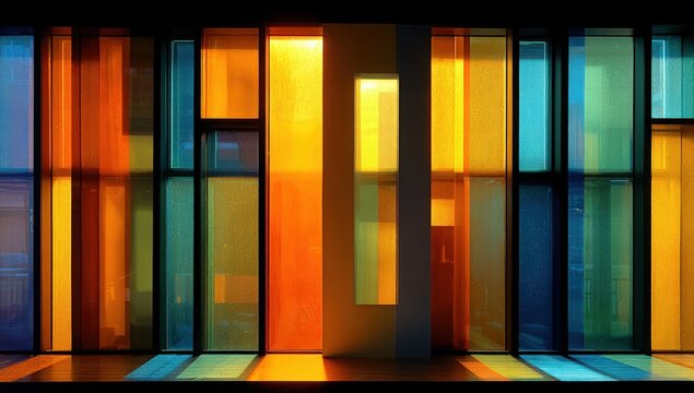 Abstract stained glass window with vertical and horizontal colored panels casting vibrant light - Powered by Adobe