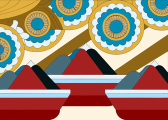 Vibrant patterned boats on calm waters