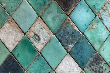 weathered diamond pattern ceramic tiles in turquoise green and black
