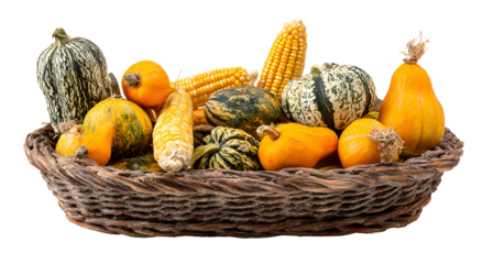 A rustic woven basket overflowing with colorful gourds and ears of corn