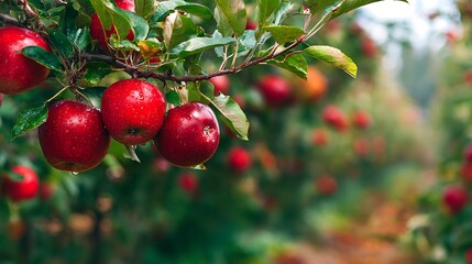 Close-up of ripe, red apples hanging on a branch with blurred orchard background