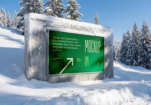 Template Mockup Day Outdoor Billboard Advertising Branding and Identity in Snowy Nature