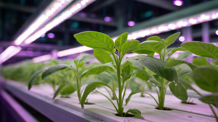 Close-up of growing plants inside an indoor farm illuminated by LED lights. Modern hydroponics technologies.