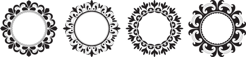 ornamental circular floral frame set in black and white decorative vintage style