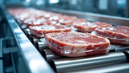 Raw meat in plastic packaging on the conveyor belt at a food production line.