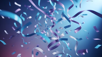 Vibrant blue purple and white confetti streamers floating gracefully against a colorful gradient background creating a festive and celebratory atmosphere