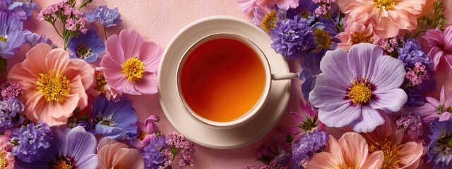 A cozy teacup filled with amber tea sits nestled amidst vibrant pink, purple, and orange flowers on a pink surface