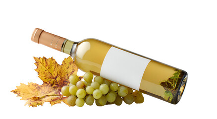 Still life White wine bottle on its side with grapes and fall foliage