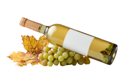 Still life White wine bottle on its side with grapes and fall foliage