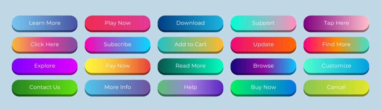 Modern 3D Gradient UI Button Set with Soft Rounded Edges for Web and App Interface Design, Editable AI file
