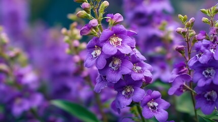 Close-up of delicate purple flowers in full bloom against a soft, blurred green backdrop