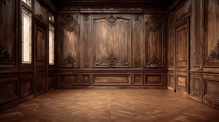 A regal, empty room with intricate, dark wood paneling and parquet flooring
