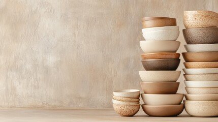 Earthenware Bowl Display: A curated collection of ceramic bowls stacked artfully, evoking a sense of rustic elegance and culinary anticipation.