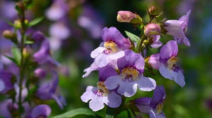 Close-up view of delicate, vibrant purple and white wildflower blooms in bright sunlight