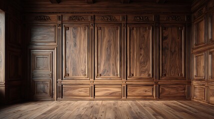 Interior view of a room with polished wooden wall panels, door, and flooring, with ceiling beams
