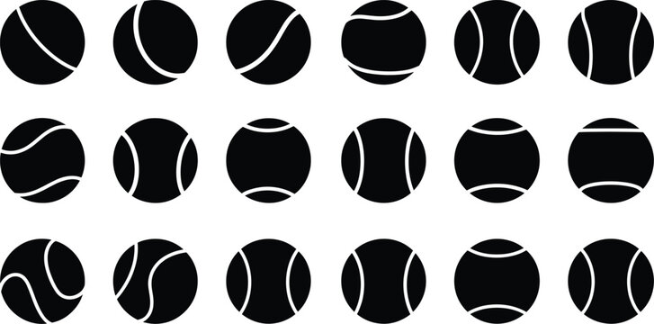 Black vector illustration set of tennis ball silhouettes featuring various white seam patterns and curved line designs isolated on white background.