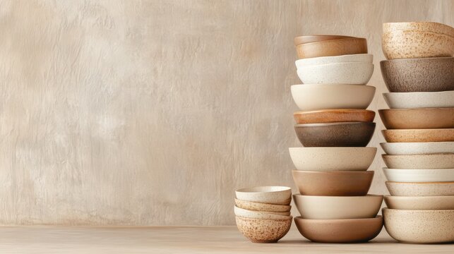 Earthenware Bowl Display: A curated collection of ceramic bowls stacked artfully, evoking a sense of rustic elegance and culinary anticipation.