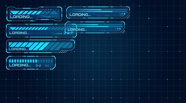 Futuristic loading screens with blue neon lights on dark grid background