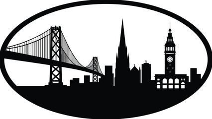 Fototapeta premium PrintSan Francisco skyline silhouette illustration, Bay Bridge, Ferry Building clock tower, church steeple, cultural heritage landmark, historic architecture vector art design
