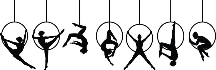 PrintSet of black silhouettes of aerial hoop lyra performers, acrobats, and gymnasts in various elegant poses, circus arts, and fitness. © Creatives World