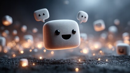 Cute fluffy square character happily floats amidst glowing peers and speech bubbles on a dark, textured ground