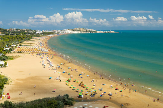Vieste beach coastline and historic town in Apulia, Italy