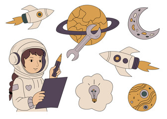 Vector illustration set with astronaut girl, rockets, planets and space symbols. Ideal for education, science projects, kids design and posters.