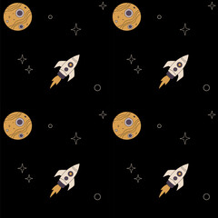Vector space pattern with rockets and planets floating across a dark background, creating a calm and playful cosmic scene