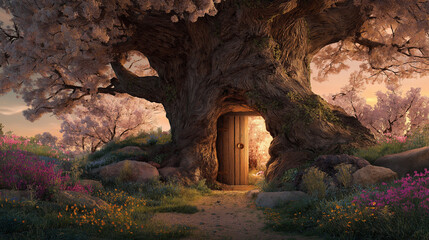 Obraz premium Enchanting fantasy illustration of enormous ancient oak tree with glowing wooden door entrance