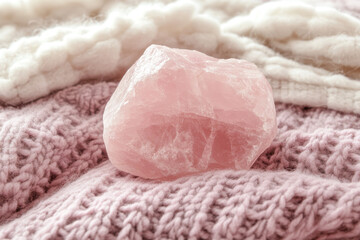 Raw Rose Quartz Stone on Textured Fabric Surface