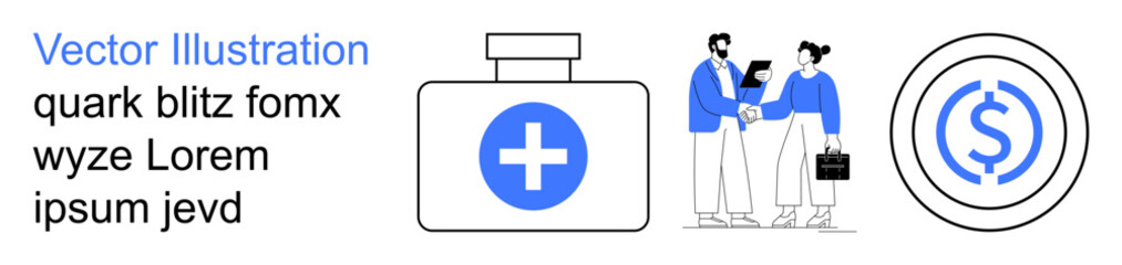 Obraz premium Healthcare management, business collaboration, financial security, medical solutions, workplace professionalism, economic growth. Medical kit, handshake dollar emblem. Healthcare and business
